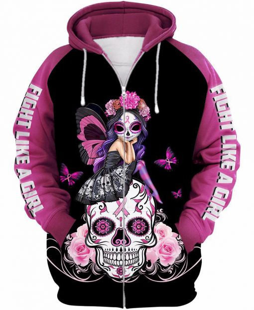 Skull pink warrior fight like a girl breast cancer awareness 3d zip-up hoodie