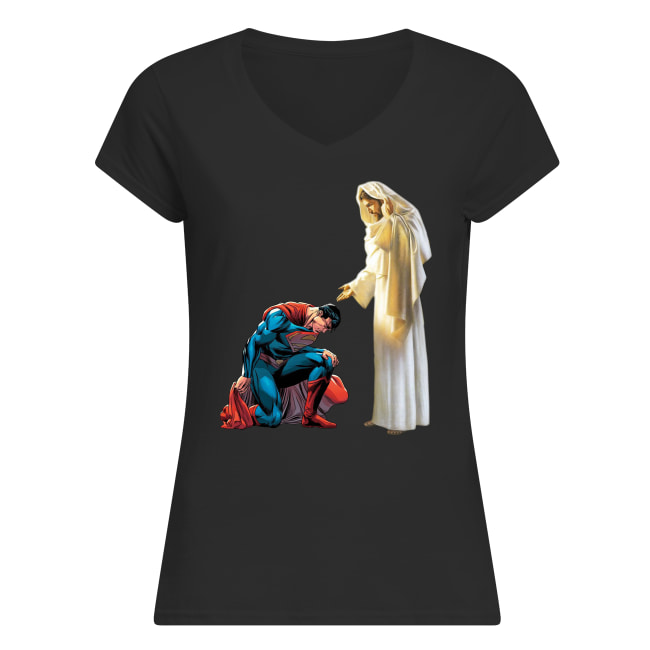 Superman kneel before Jesus women's v-neck
