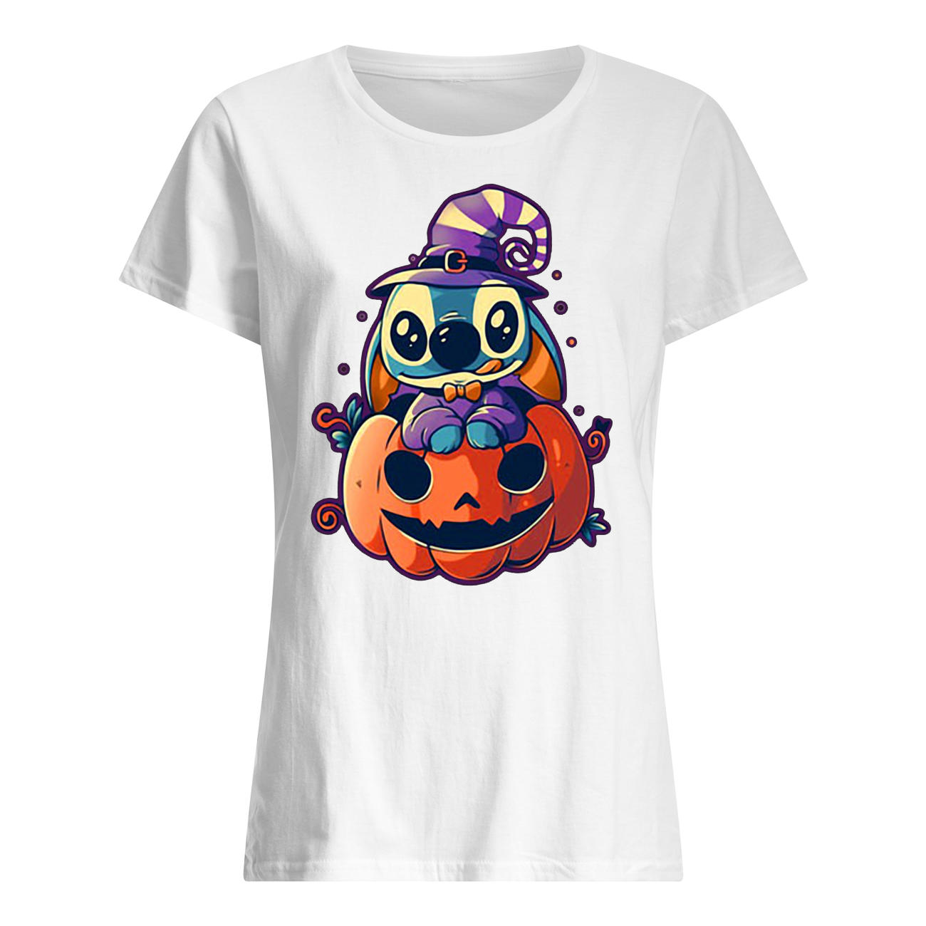 Witch stitch sit on pumpkin halloween womens shirt