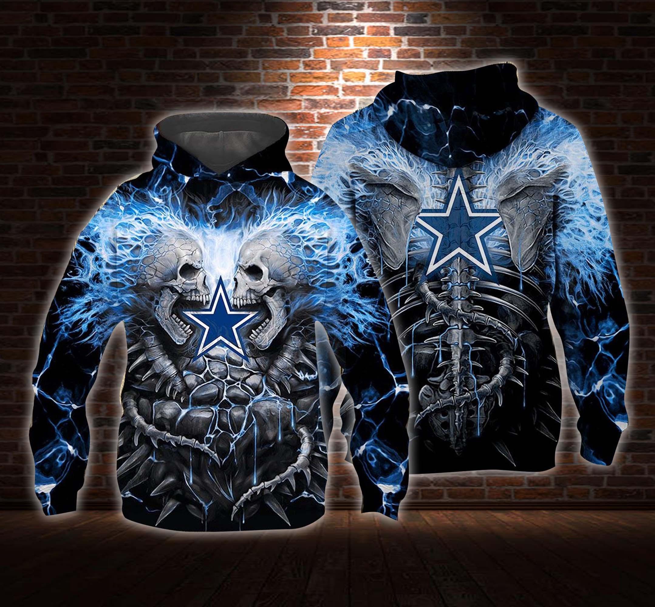 Blue electric skull dallas cowboys 3d hoodie - size l