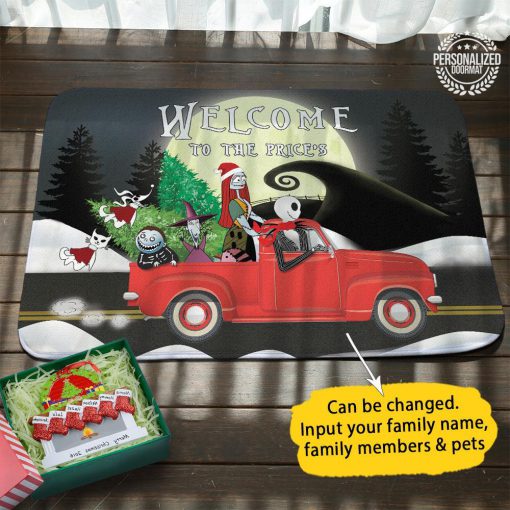 Christmas jack and sally on truck welcome to the robert doormat - black