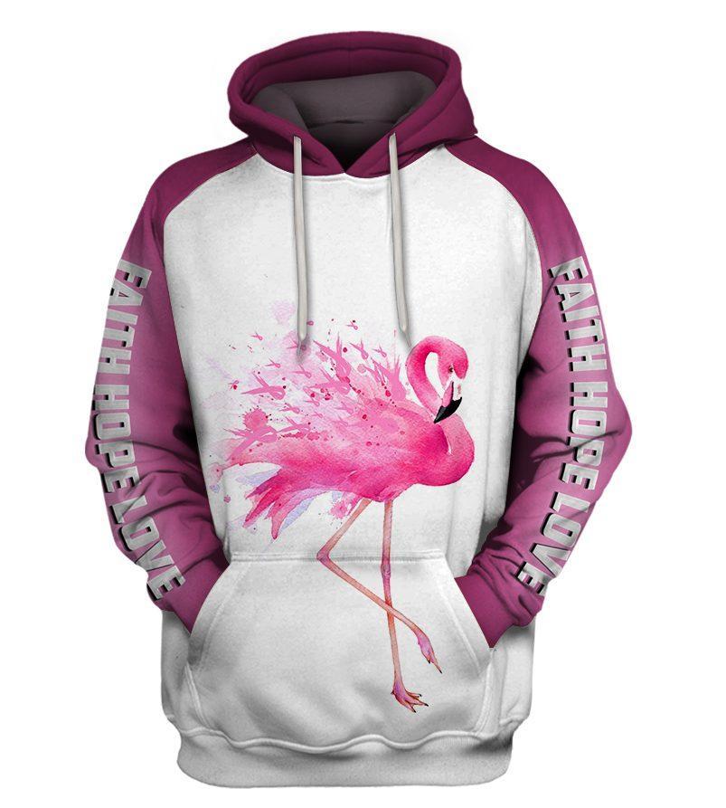 Faith hope love breast cancer awareness flamingo pink ribbon 3d hoodie - size L