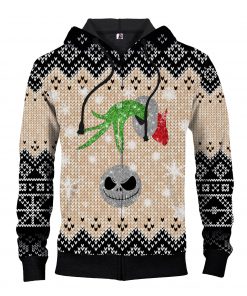 Grinch hand with ornament jack ugly christmas all over print zip hoodie