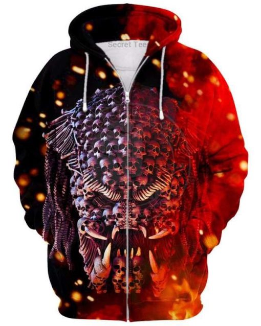 Halloween predator skull on fire 3d zip hoodie