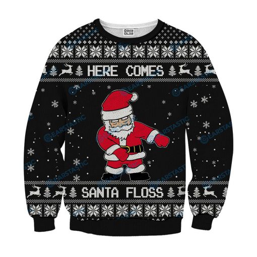 Here comes santa floss ugly christmas sweater - black