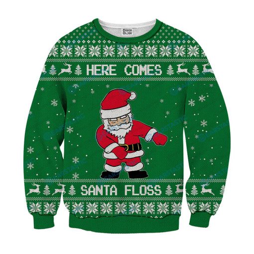 Here comes santa floss ugly christmas sweater - green