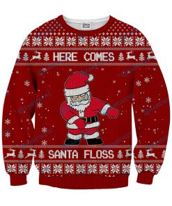Here comes santa floss ugly christmas sweater - red
