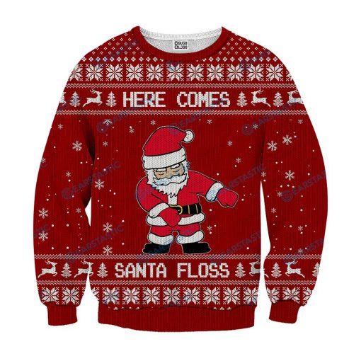 Here comes santa floss ugly christmas sweater - red