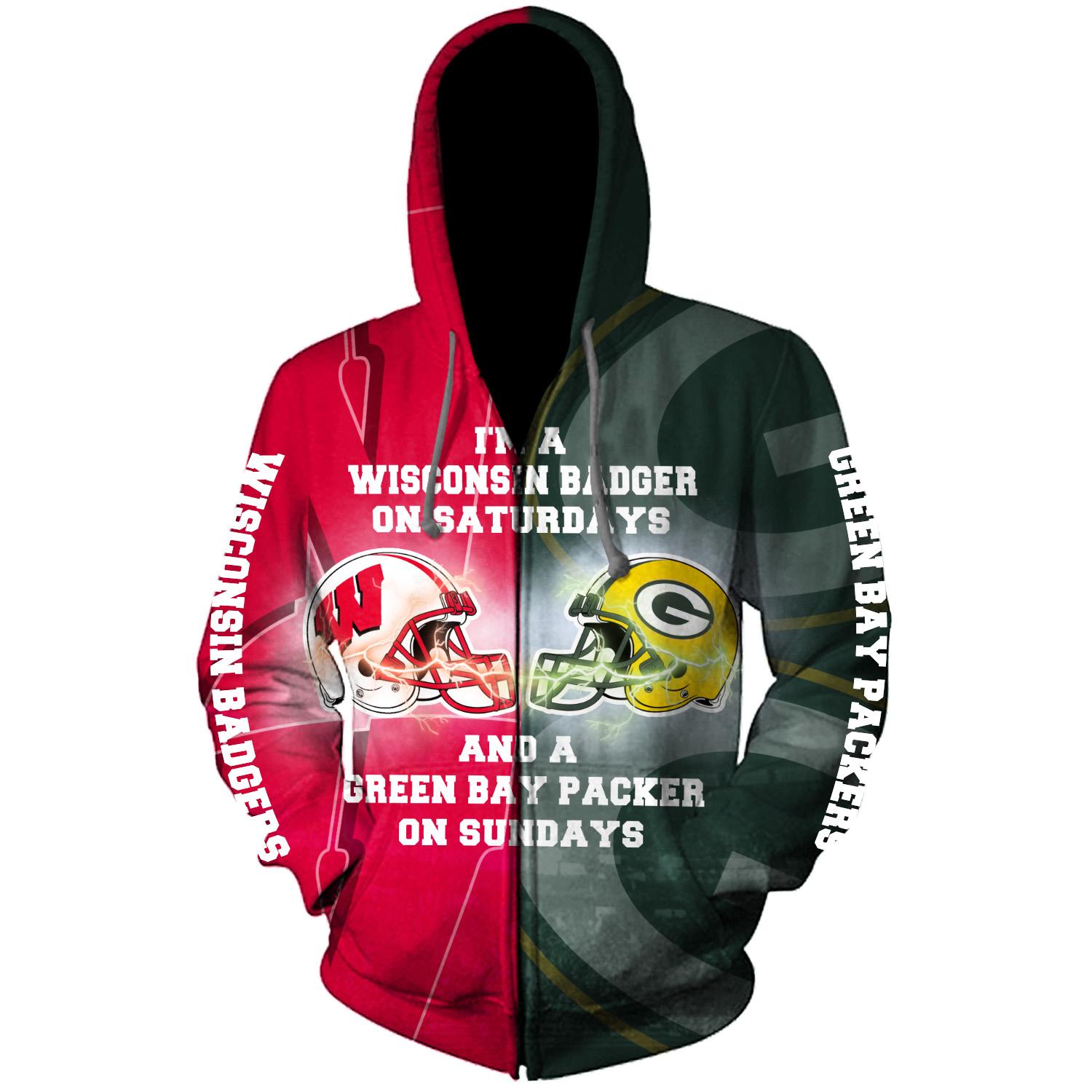 I’m a wisconsin badgers on saturdays and a green bay packers on sundays 3d zip hoodie