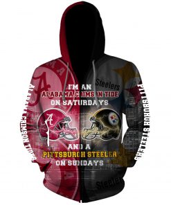 I’m an alabama crimson tide on saturdays and a pittsburgh steelers on sundays 3d zip hoodie