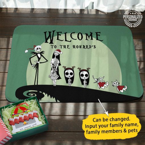 Jack and sally christmas personalized doormat green