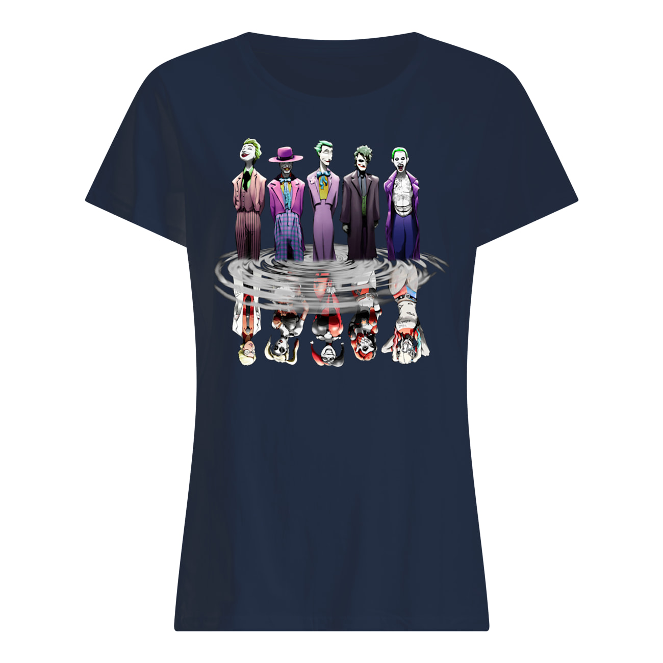 Joker all versions and harley quinn water reflection womens shirt