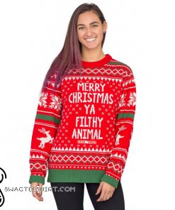 Merry christmas ya filthy animal snowflake and reindeer ugly christmas sweater