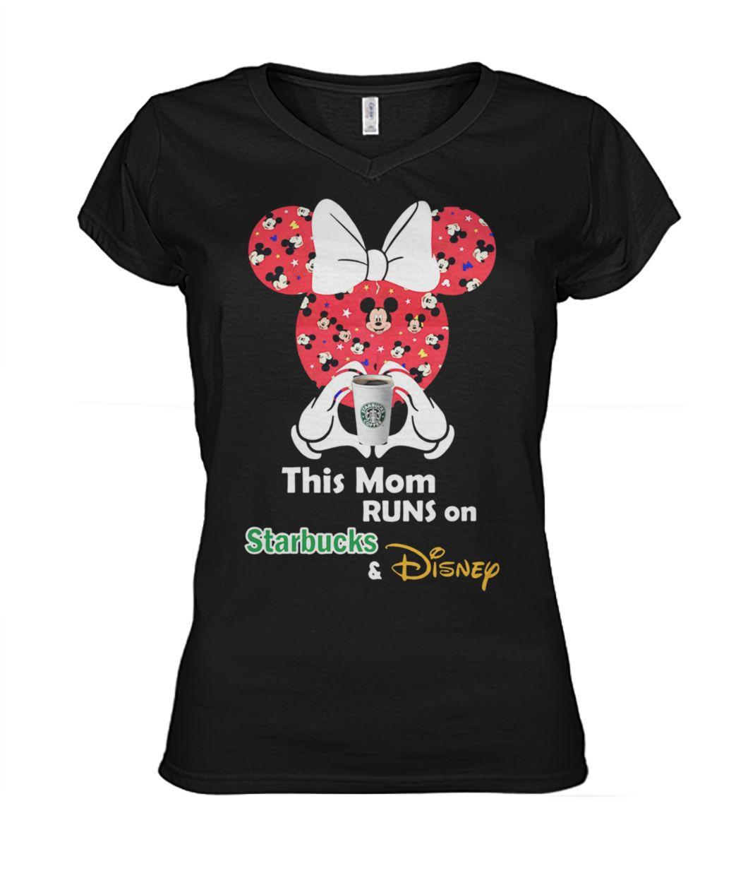 Mickey and minnie mouse this mom runs on starbucks and disney women's v-neck