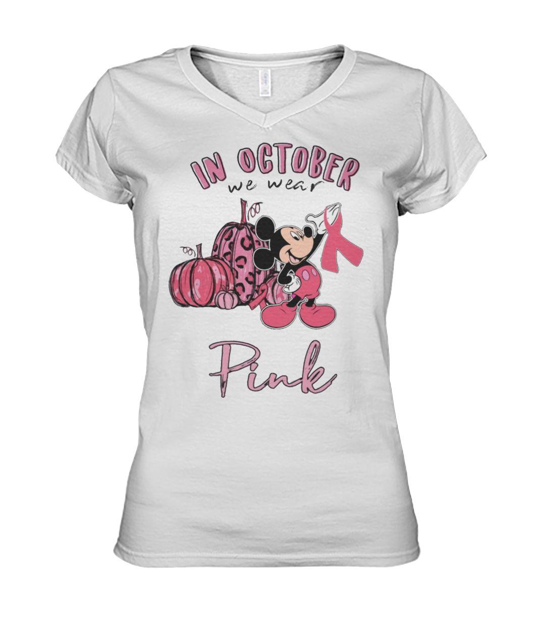 Mickey mouse in october we wear pink breast cancer awareness womens v-neck