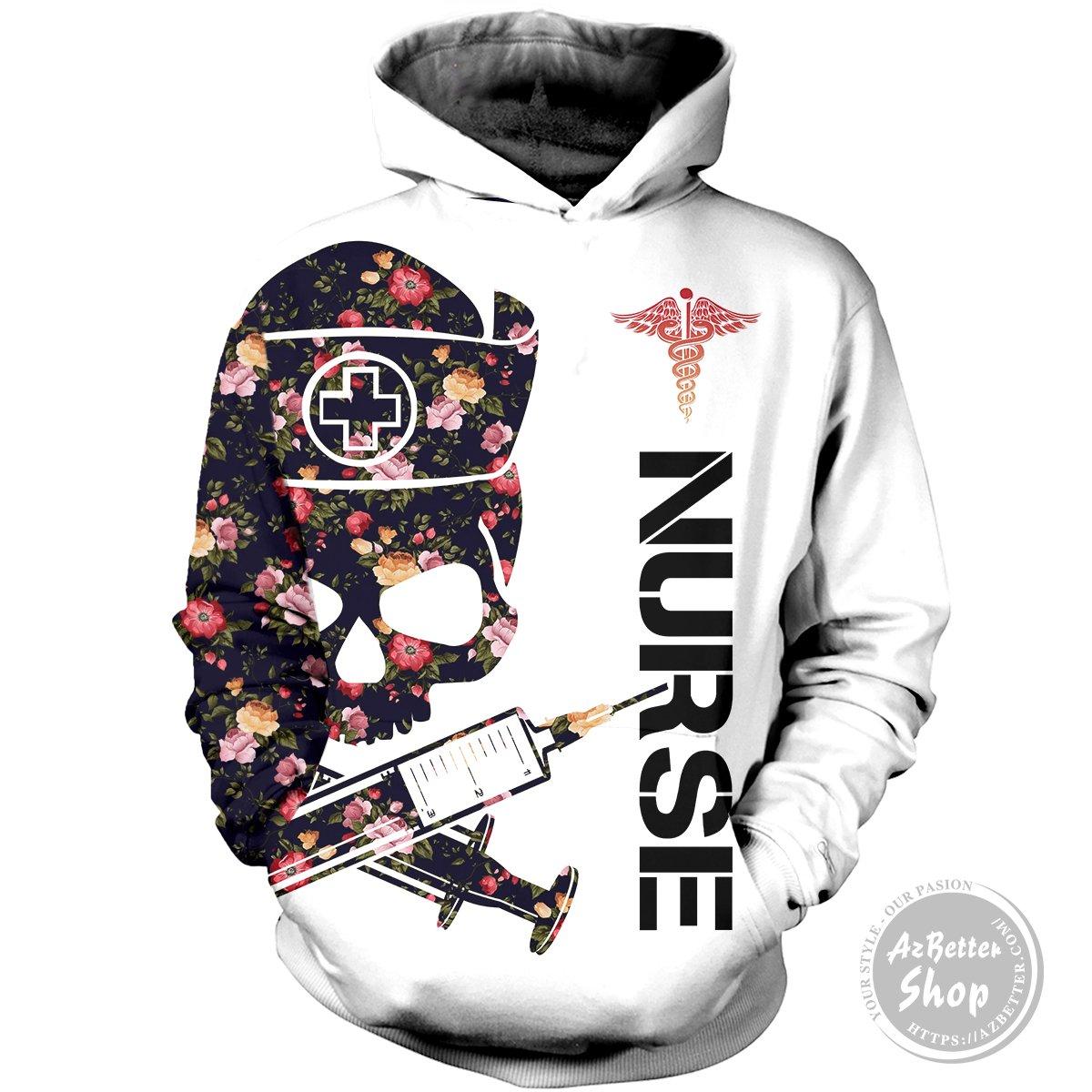 Nurse skull floral all over print hoodie - 3