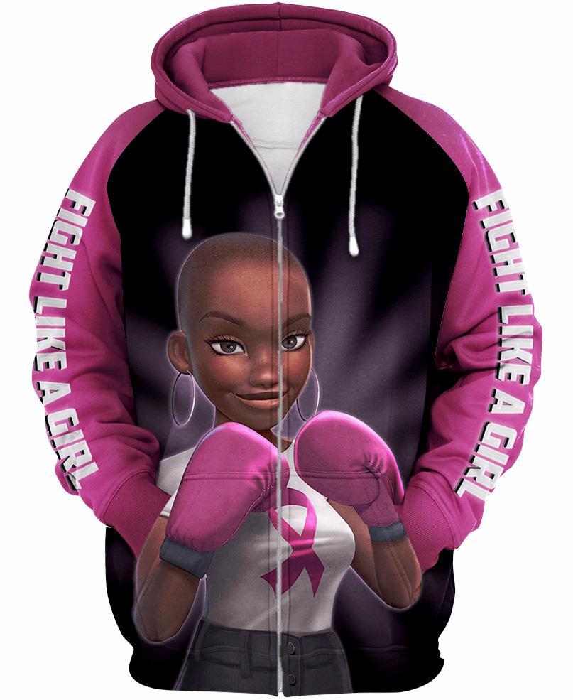 Pink warrior breast cancer awareness 3d zip-up hoodie