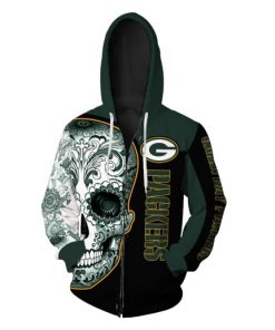 Sugal skull green bay packers full over print zip hoodie
