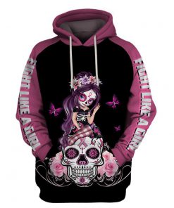 Sugar skull fairy fight like a girl breast cancer awareness 3d pullover hoodie