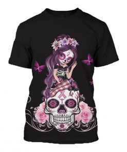 Sugar skull fairy fight like a girl breast cancer awareness 3d t-shirt