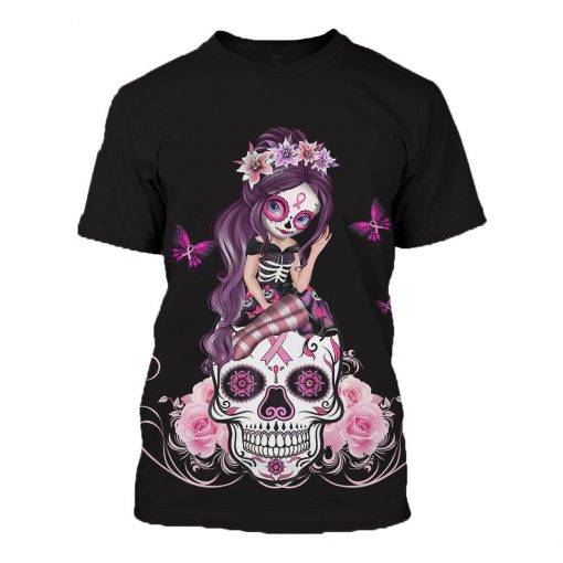 Sugar skull fairy fight like a girl breast cancer awareness 3d t-shirt