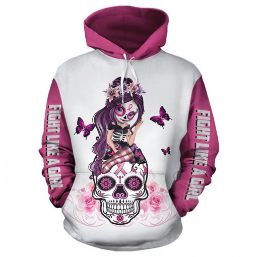 Sugar skull fairy fight like a girl breast cancer awareness 3d white pullover hoodie