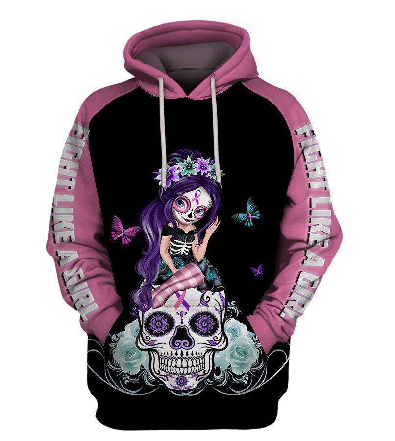 Sugar skull fairy fight like a girl thyroid cancer awareness 3d hoodie - size L