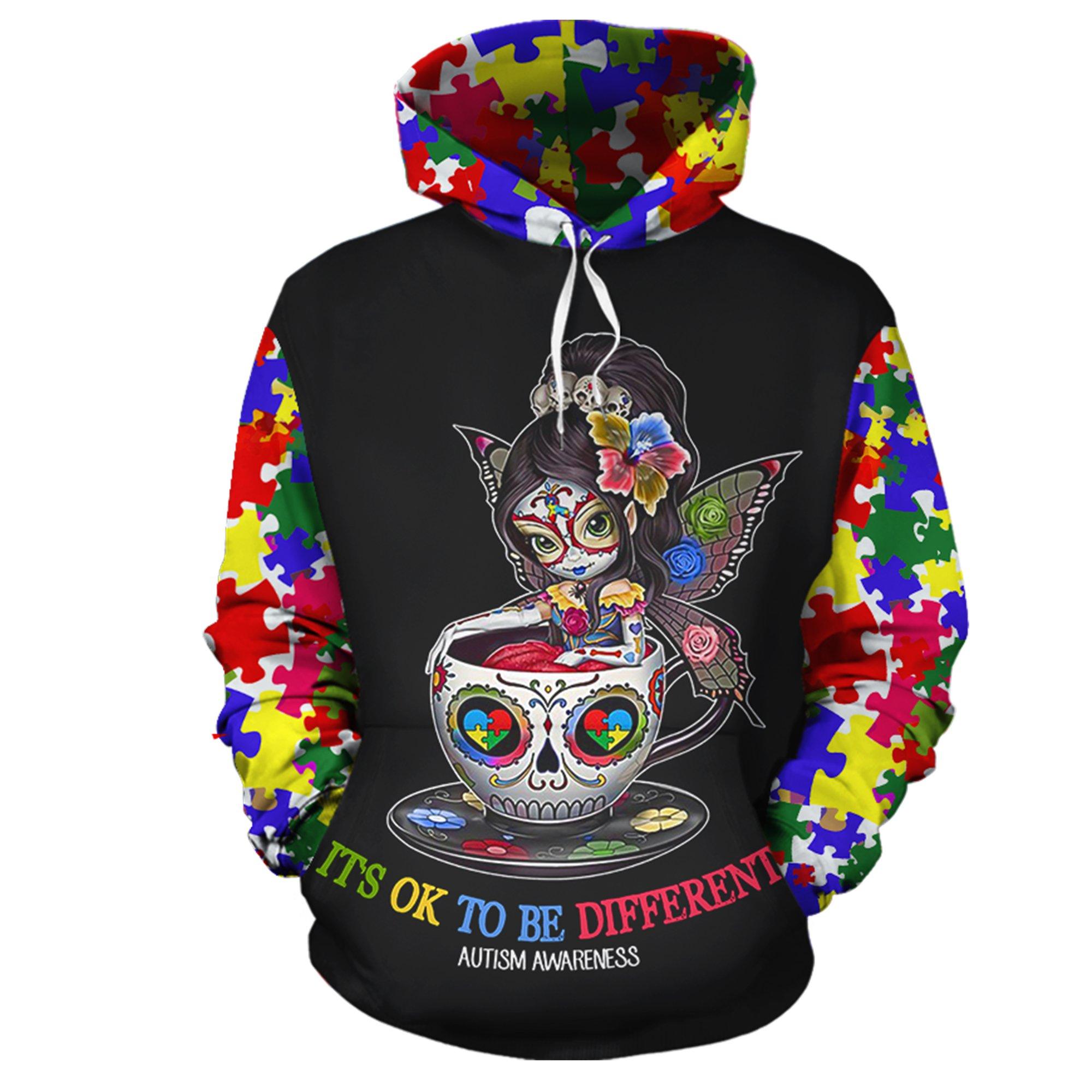 Sugar skull fairy it's ok to be different autism awareness 3d hoodie - original