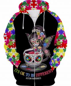 Sugar skull fairy it's ok to be different autism awareness 3d zip hoodie