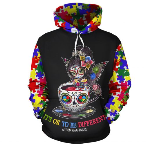 Sugar skull it's ok to be different autism awareness 3d hoodie