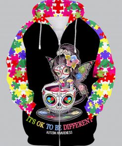 Sugar skull it's ok to be different autism awareness 3d zip-up hoodie