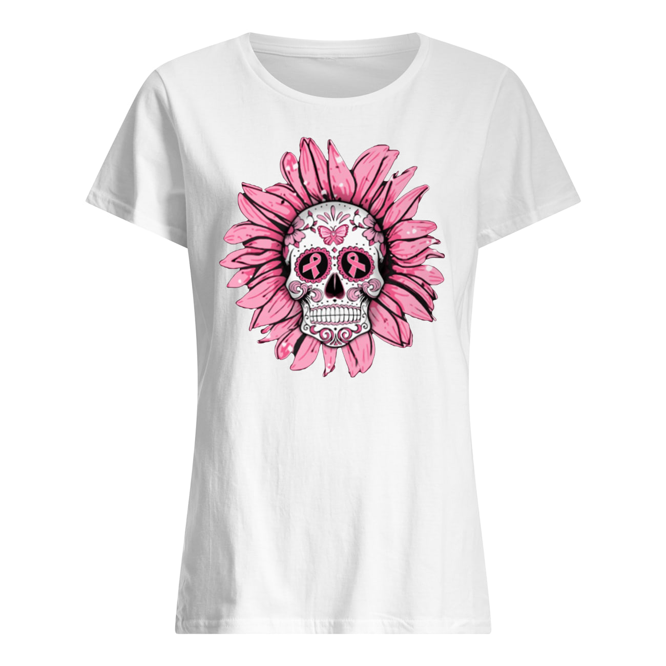 Sunflower sugar skull breast cancer awareness womens shirt