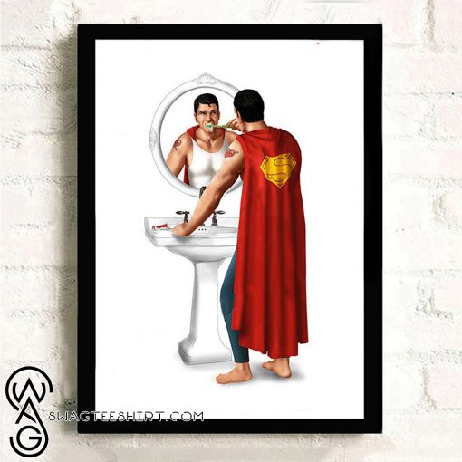 Superheroes on toilet superman brushing poster