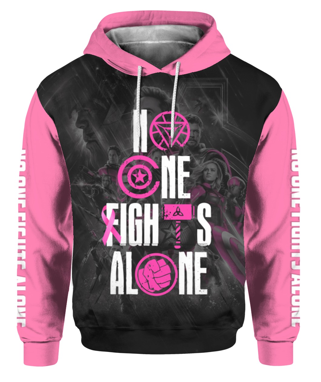 The avengers no one fights alone breast cancer awareness all over printed hoodie - front