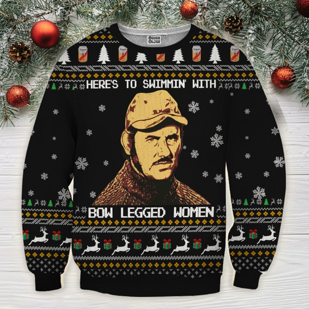Here to swimmin’ with bow legged women quint from jaws ugly christmas sweater 1