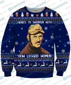 Here to swimmin’ with bow legged women quint from jaws ugly christmas sweater 2