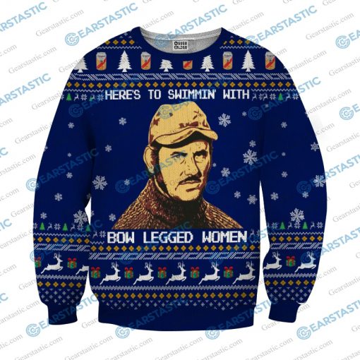 Here to swimmin’ with bow legged women quint from jaws ugly christmas sweater 2