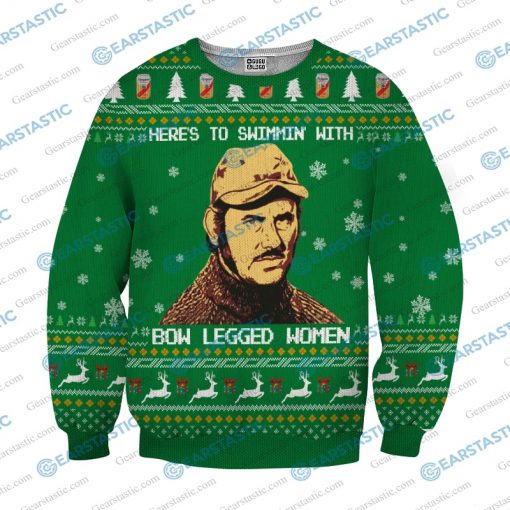 Here to swimmin’ with bow legged women quint from jaws ugly christmas sweater 3