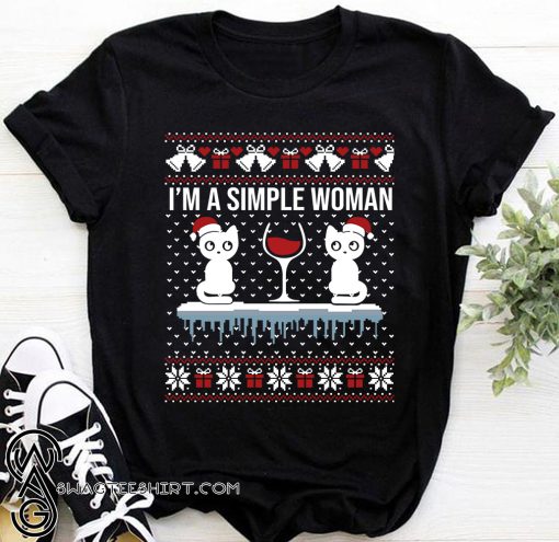 I'm a simple woman who loves cat and wine ugly christmas shirt