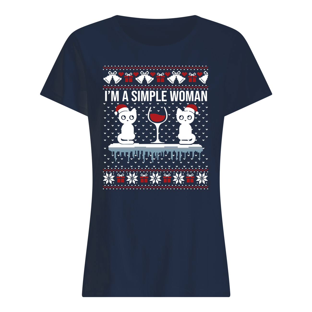 I'm a simple woman who loves cat and wine ugly christmas womens shirt
