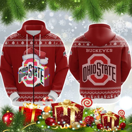 Ohio state buckeyes all over print ugly christmas zip hoodie