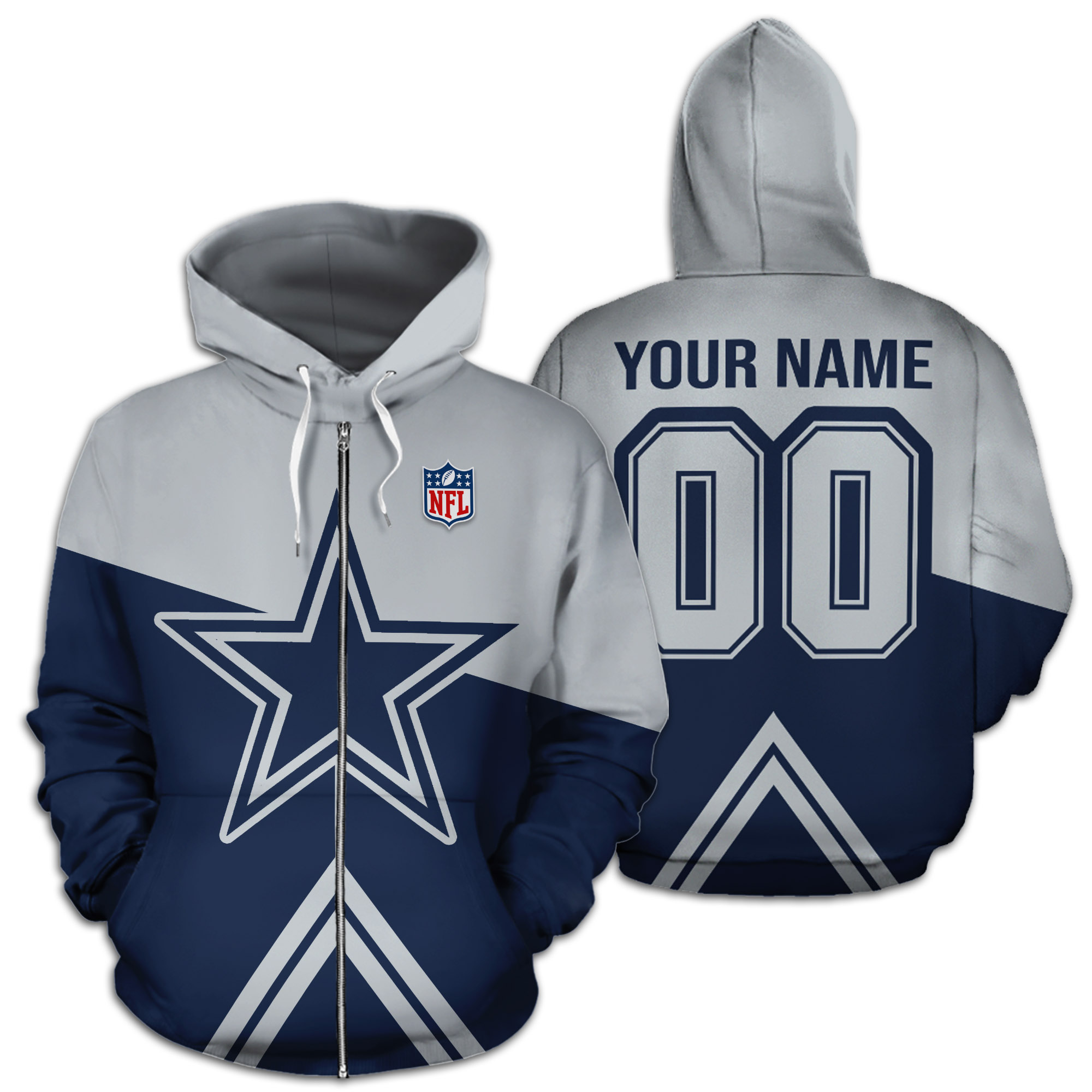 Personalized name and number dallas cowboys all over print zip hoodie 1