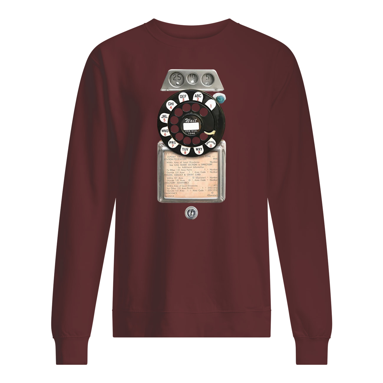 Retro rotary phone dial on graphic sweatshirt