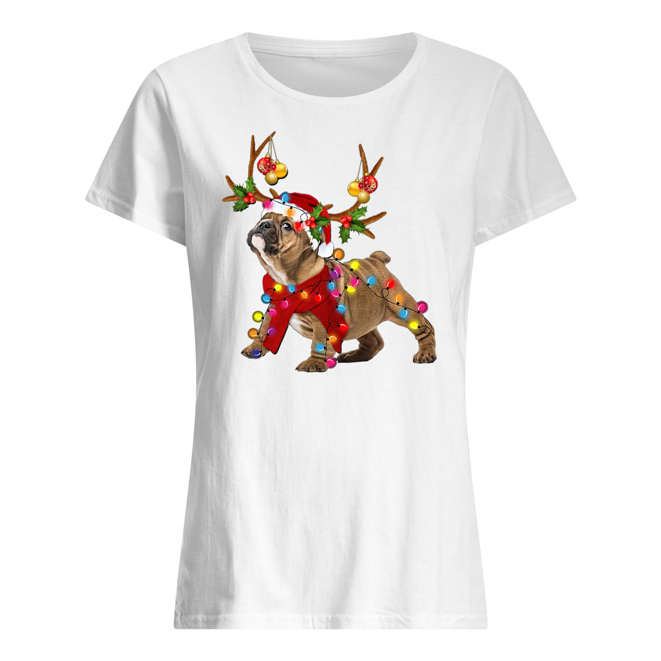 Santa bulldog gorgeous reindeer christmas lights womens shirt