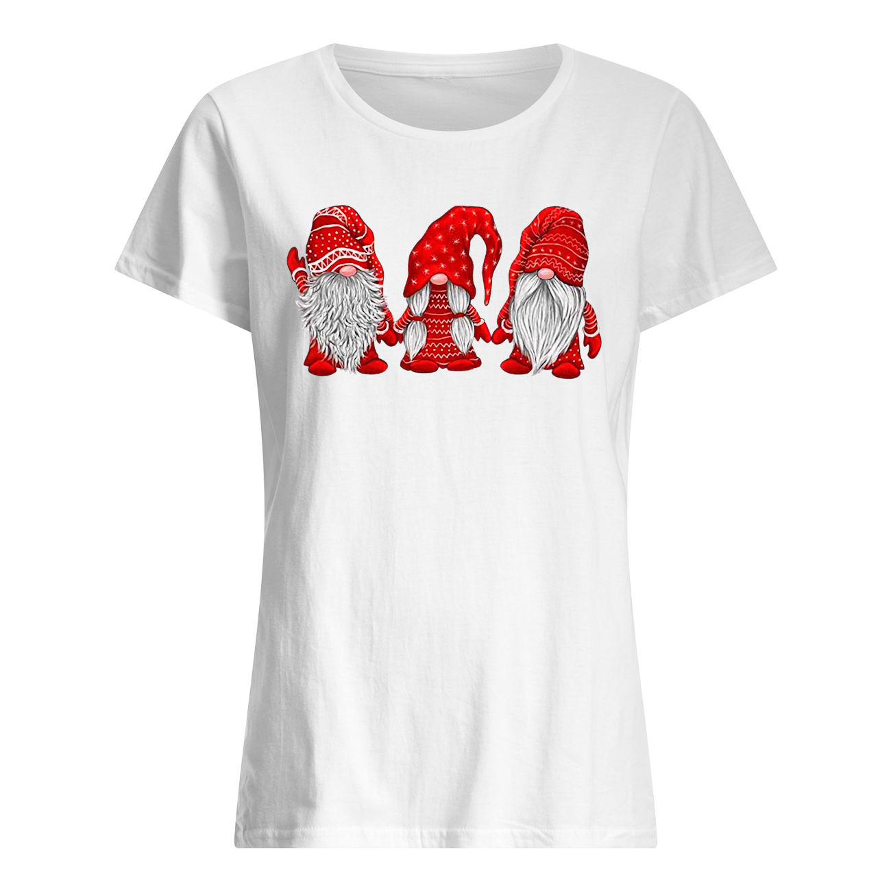 Three gnomes in red costume christmas womens shirt