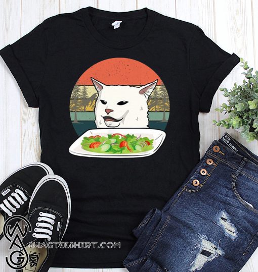 Vintage woman yelling at a cat confused meme shirt
