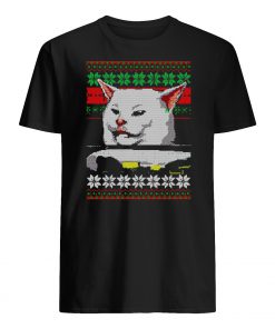 Woman yelling at a cat ugly christmas mens shirt