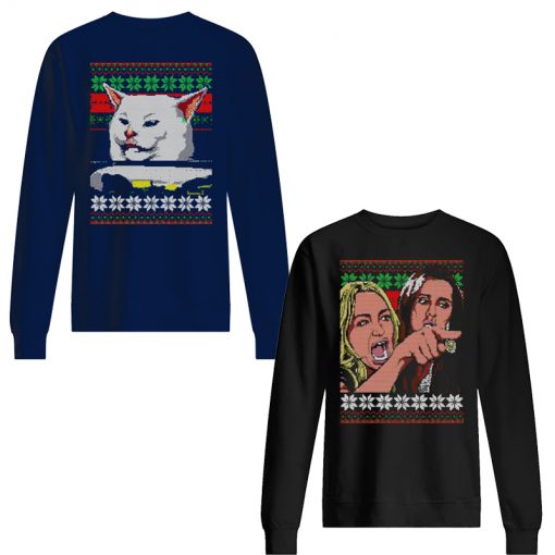 Woman yelling at a cat ugly christmas sweater