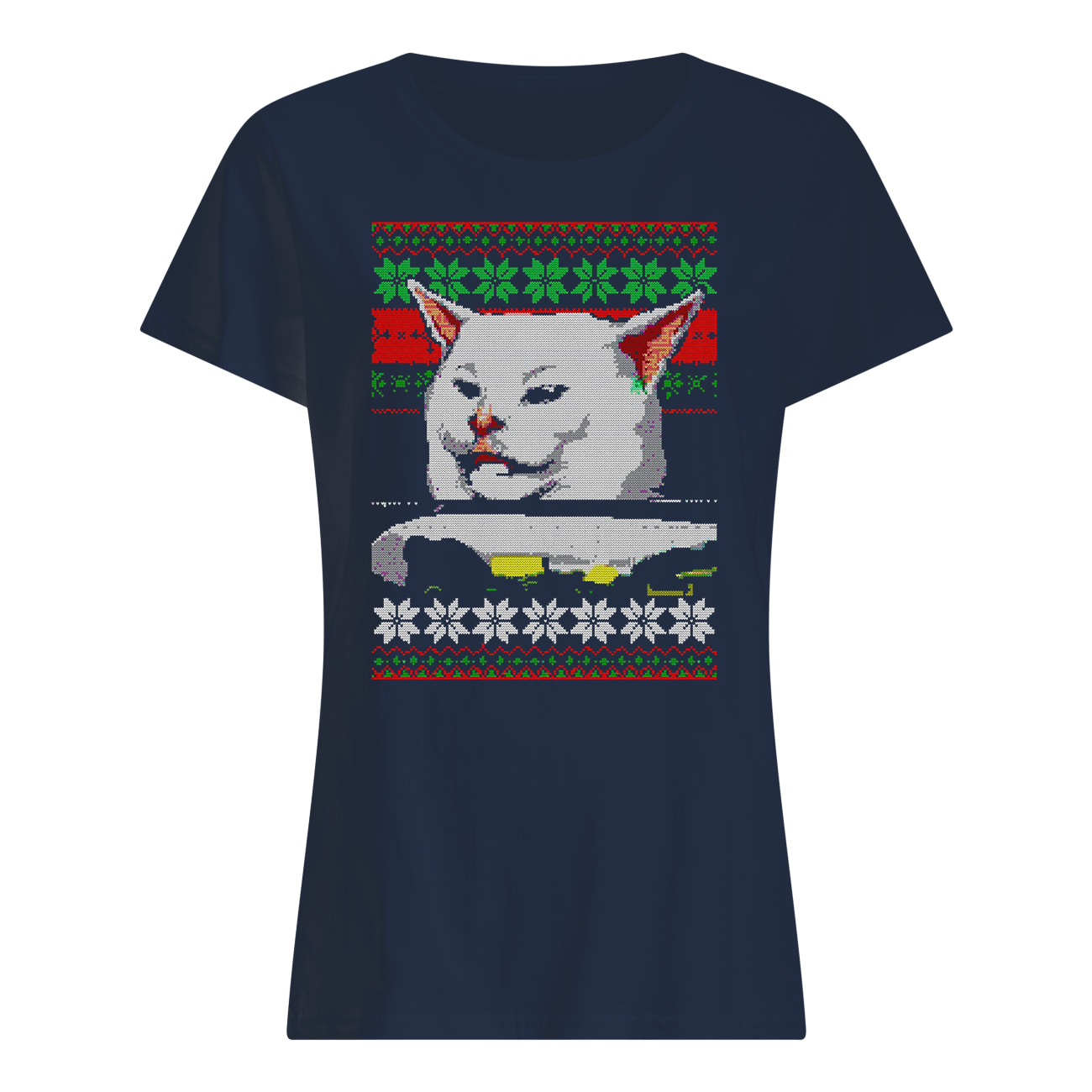 Woman yelling at a cat ugly christmas womens shirt