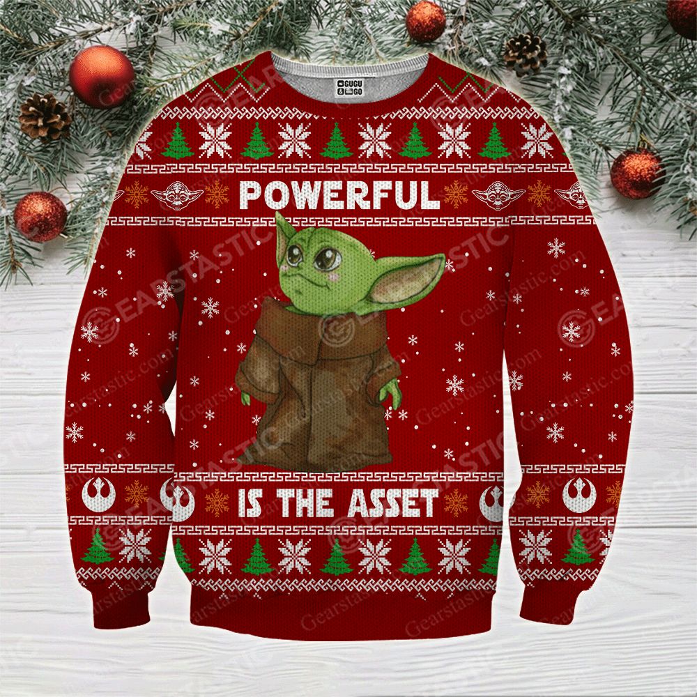 Baby yoda powerful is the asset ugly christmas sweater 4